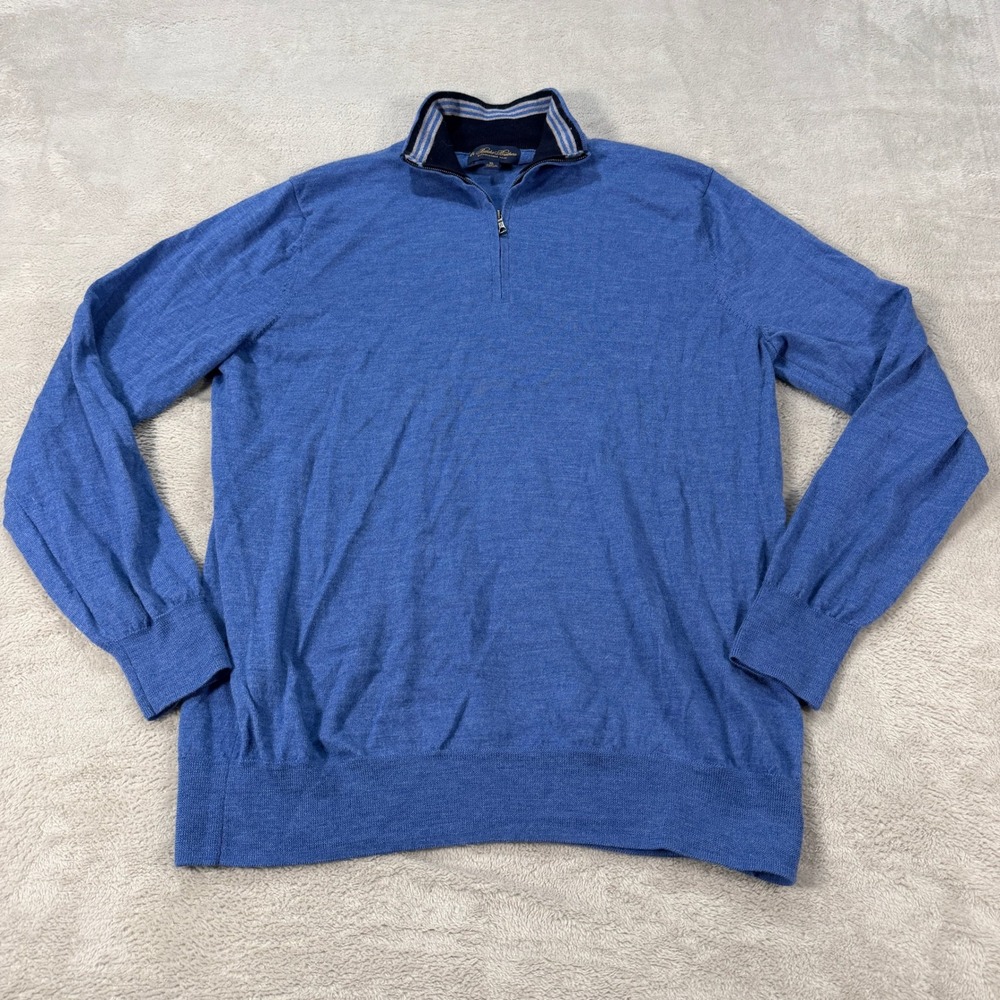 Brooks Brothers Mens XL Blue Merino Wool Quarter Zip Sweater Mock Neck Preppy
